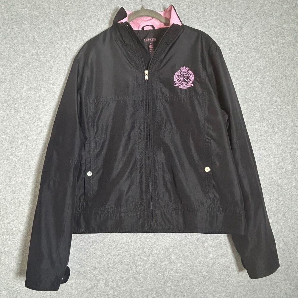 LRL Ralph Lauren Windbreaker Women XL Black Pink Crest Logo Preppy Old Money